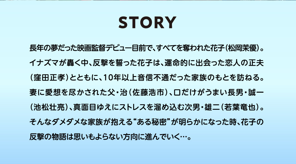 長年の夢だった映画監督デビュー目前で、すべてを奪われた花子（松岡茉優）。イナズマが轟く中、反撃を誓った花子は、運命的に出会った恋人の正夫（窪田正孝）とともに、１０年以上音信不通だった家族のもとを訪ねる。妻に愛想を尽かされた父・治（佐藤浩市）、口だけがうまい長男・誠一（池松壮亮）、真面目ゆえにストレスを溜め込む次男・雄二（若葉竜也）。そんなダメダメな家族が抱える“ある秘密”が明らかになった時、花子の反撃の物語は思いもよらない方向に進んでいく…。