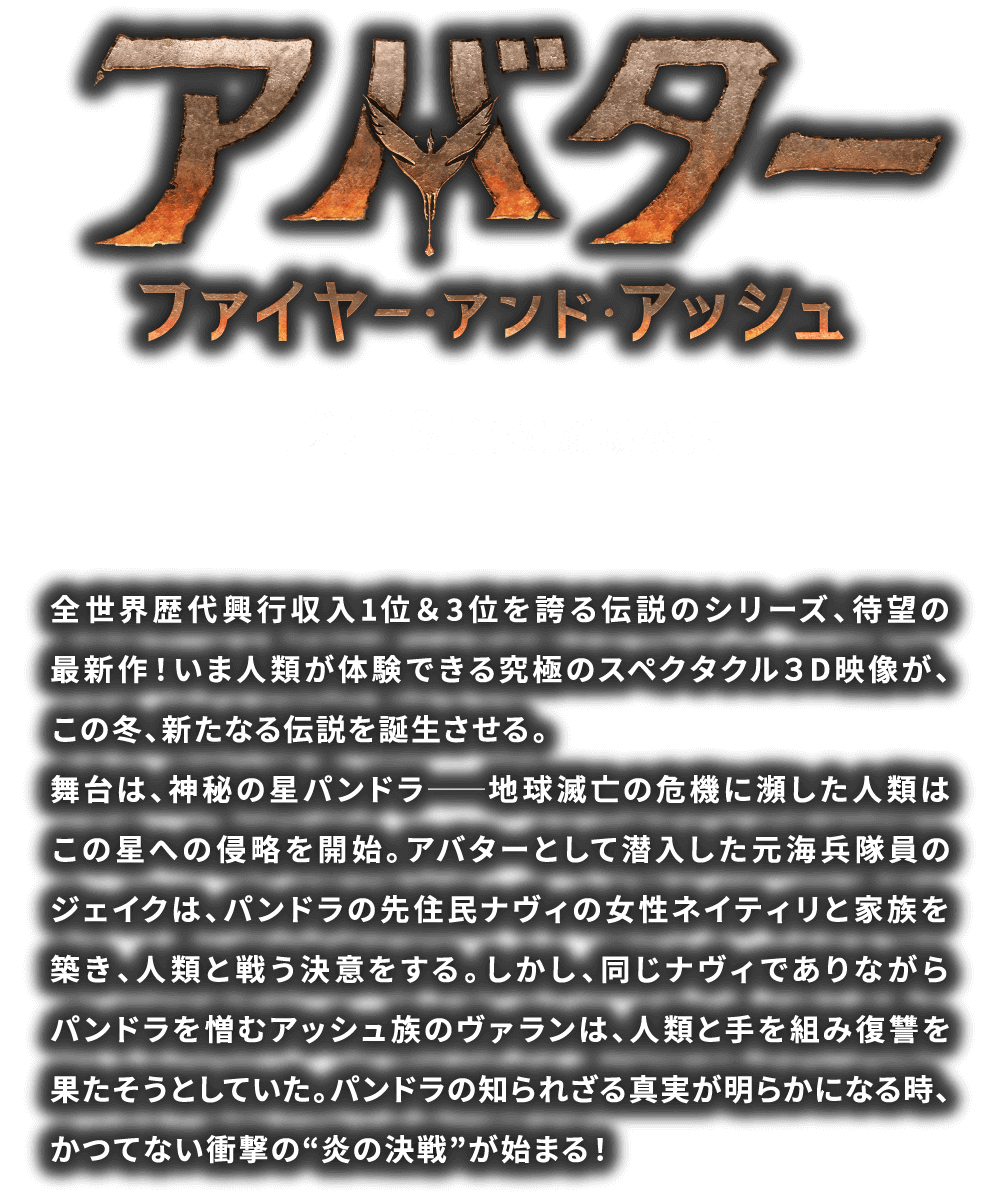 アバターファイヤー・アンド・アッシュ12月19日(金)劇場公開全世界歴代興行収入1位&3位を誇る伝説のシリーズ、待望の最新作!いま人類が体験できる究極のスペクタクル3D映像が、この冬、新たなる伝説を誕生させる。舞台は、神秘の星パンドラ――地球滅亡の危機に瀕した人類はこの星への侵略を開始。アバターとして潜入した元海兵隊員のジェイクは、パンドラの先住民ナヴィの女性ネイティリと家族を築き、人類と戦う決意をする。しかし、同じナヴィでありながらパンドラを憎むアッシュ族のヴァランは、人類と手を組み復讐を果たそうとしていた。パンドラの知られざる真実が明らかになる時、かつてない衝撃の”炎の決戦”が始まる!