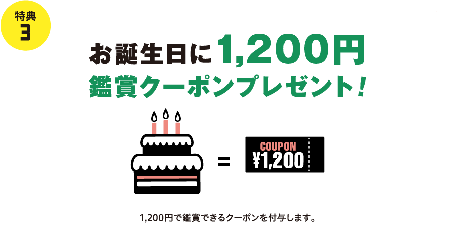 特典3 お誕生日に1,200円鑑賞クーポンプレゼント! COUPON ¥1,200 1,200円で鑑賞できるクーポンを付与します。