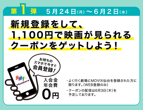 第1弾　新規登録をして、1,100円で映画が見られるクーポンをゲットしよう！