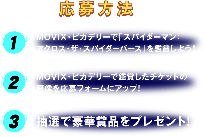 応募方法①MOVIX・ピカデリーで『スパイダーマン：アクロス・ザ・スパイダーバース』を鑑賞しよう！②MOVIX・ピカデリーで鑑賞したチケットの画像を応募フォームにアップ！③抽選で豪華賞品をプレゼント！