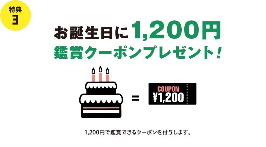 特典 3 誕生日に1,200円 鑑賞クーポンプレゼント! COUPON = ¥1,200 1,200円で鑑賞できるクーポンを付与します。