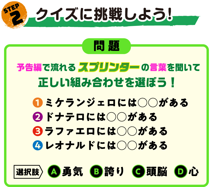 STEP.2クイズに挑戦しよう!【問題】予告編で流れるスプリンターの言葉を聞いて正しい組み合わせを選ぼう！①ミケランジェロには○○がある　②ドナテロには○○がある　③ラファエロには○○がある　④レオナルドには○○がある　【選択肢】A.勇気　B.誇り　C.頭脳　D.心
